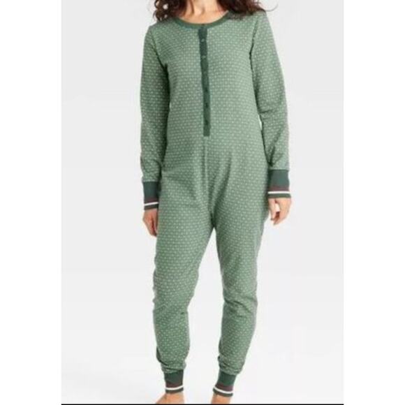 Hearth & Hand Magnolia One Piece Christmas Pajama Sz 2XL Green Dotted Butt Flap - Picture 1 of 16